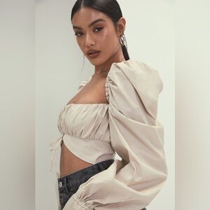 MISTRESS ROCKS LA crop blouse long puff balloon sleeve top beige neutral medium